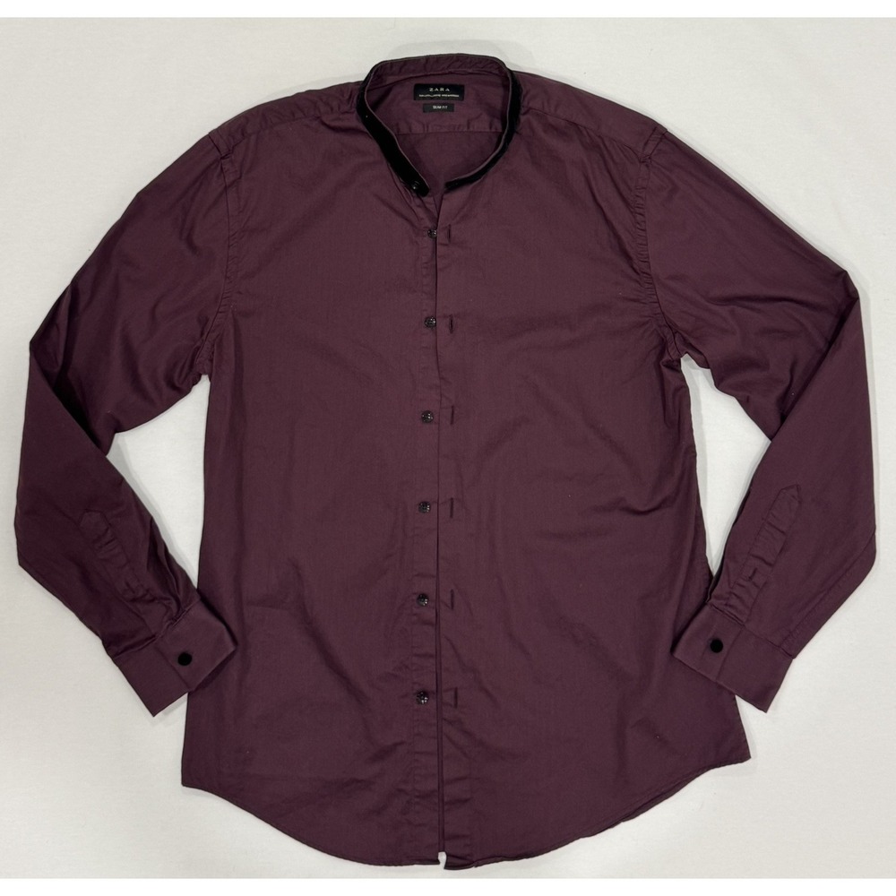 Zara Men's Slim Fit Velvet Band Mandarin Collar Maroon Button Up Cotton Shirt L